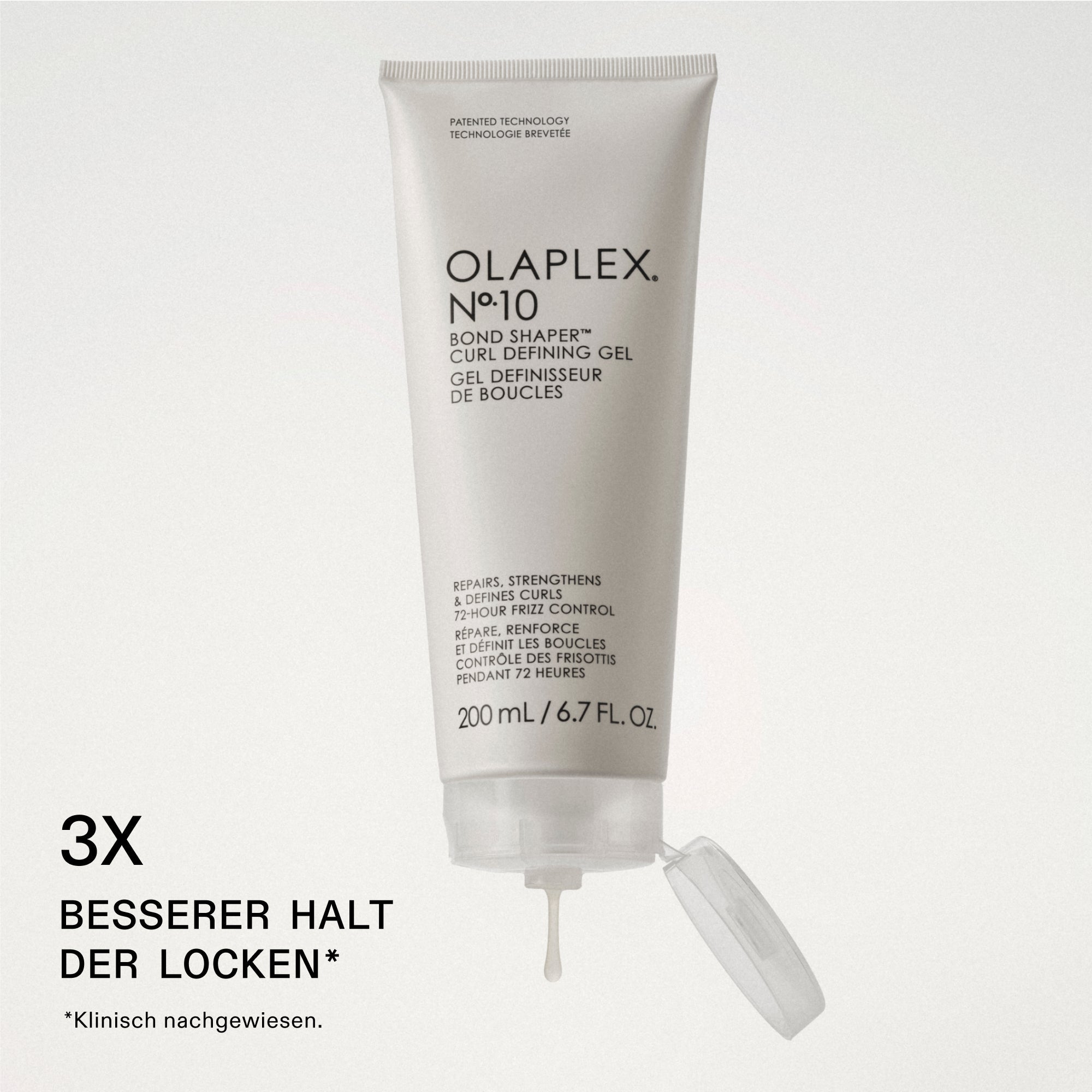 Olaplex No.10 Curl Defining Gel – Herstellergrafik: 3× besserer Halt der Locken, klinisch getestet