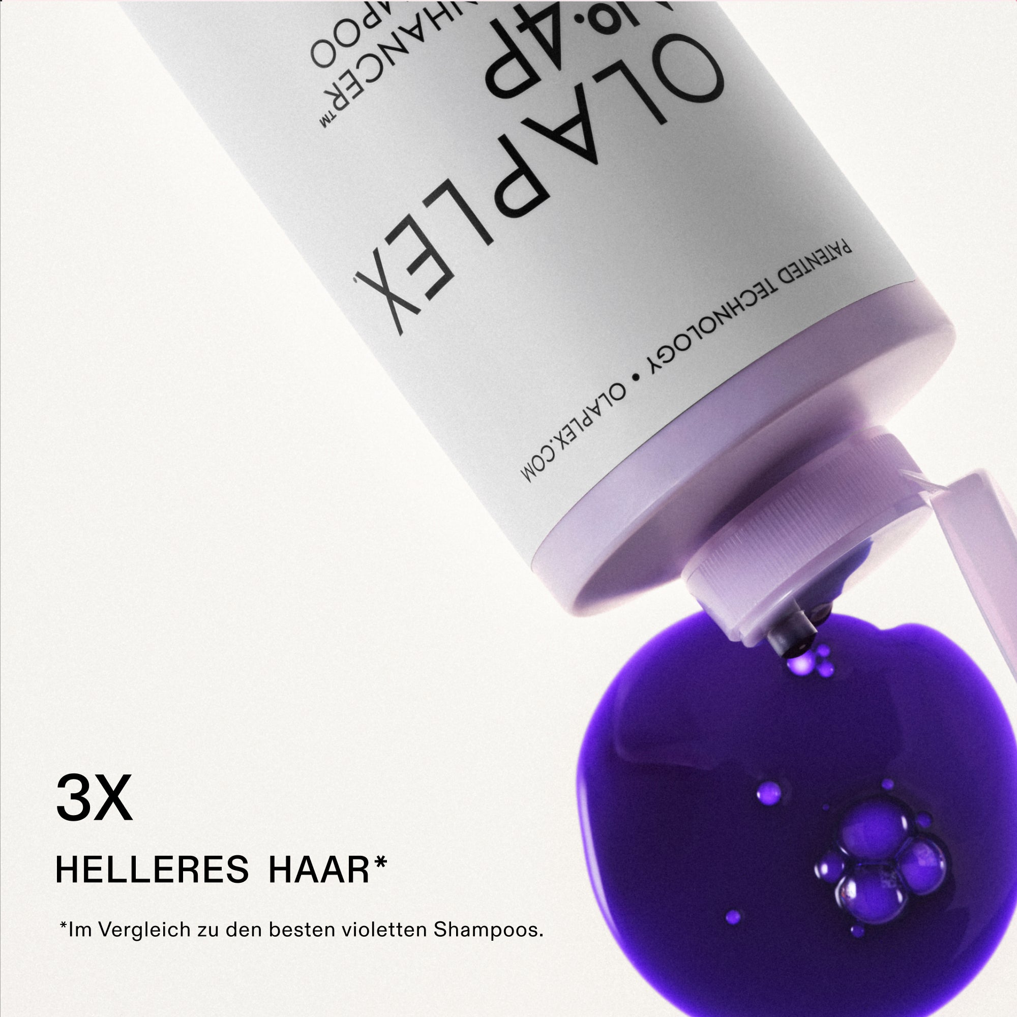 Olaplex No.4P Toning Shampoo – Herstellergrafik: 3× helleres Haar im Vergleich zu gängigen violetten Shampoos