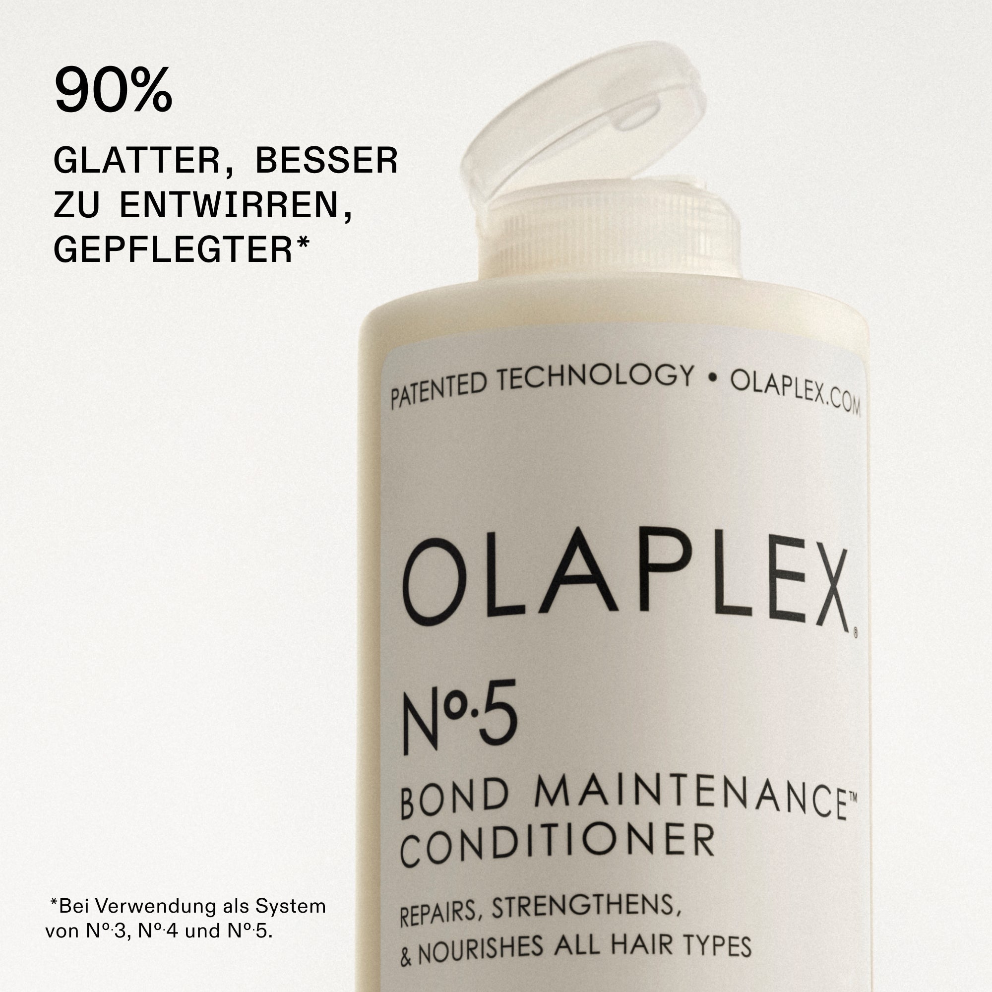 Olaplex No.5 Conditioner – Herstellergrafik: 90 % glatter und leichter zu entwirren im System mit No.3 und No.4