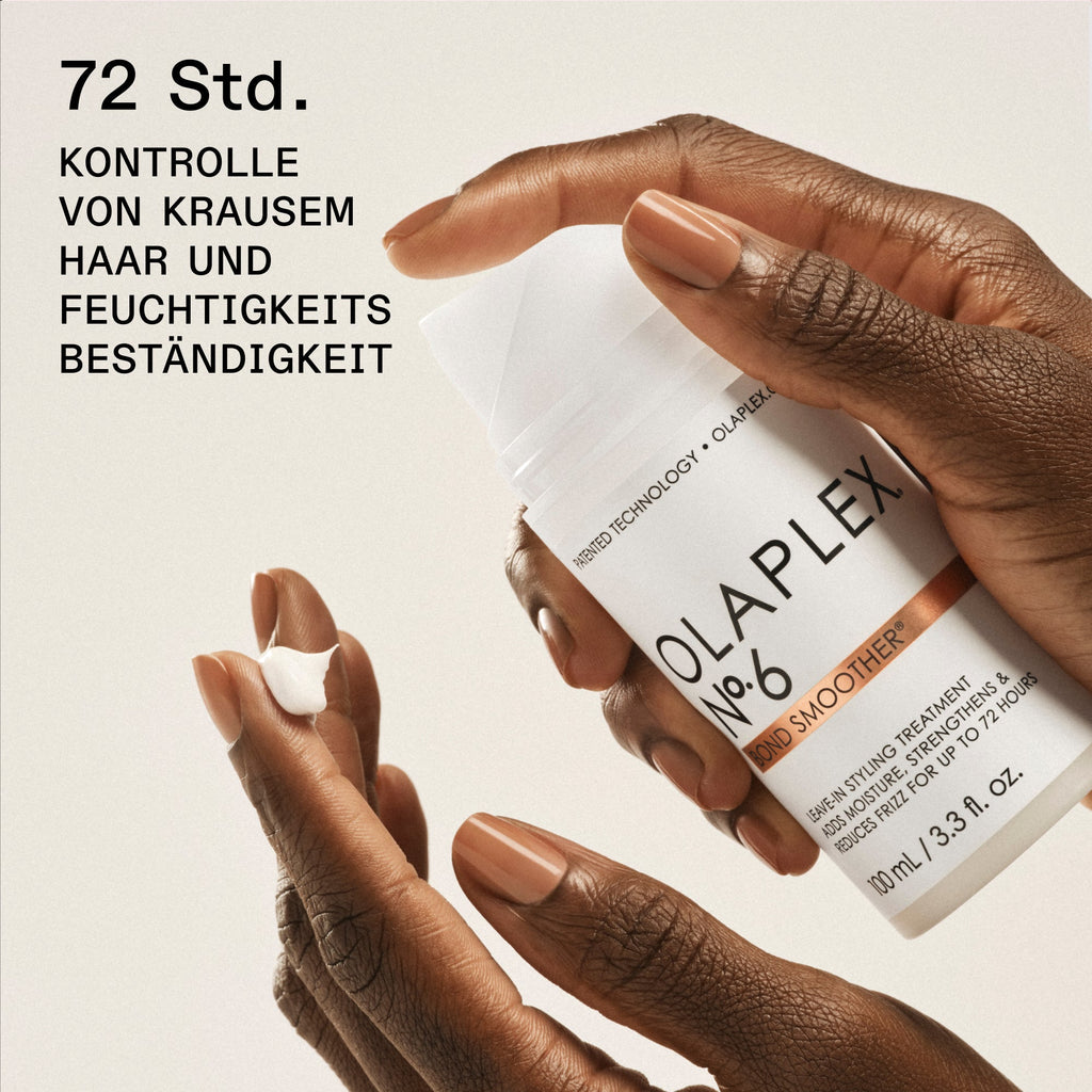 Olaplex No.6 Bond Smoother – Herstellergrafik: 72 Stunden Frizz-Kontrolle und Feuchtigkeitsbeständigkeit