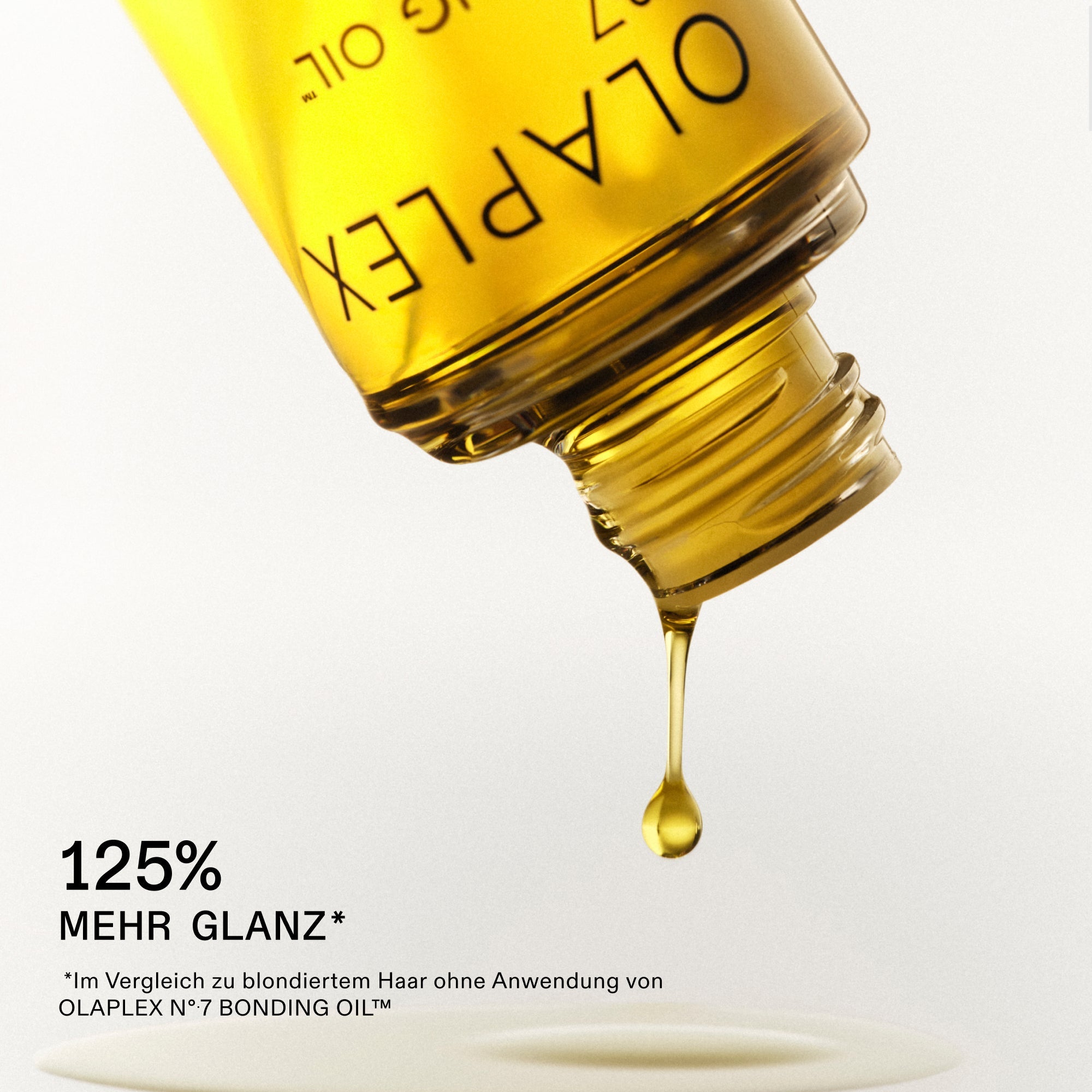 Olaplex No.7 Bonding Oil – Herstellergrafik: 125 % mehr Glanz im Vergleich zu blondiertem Haar ohne Öl