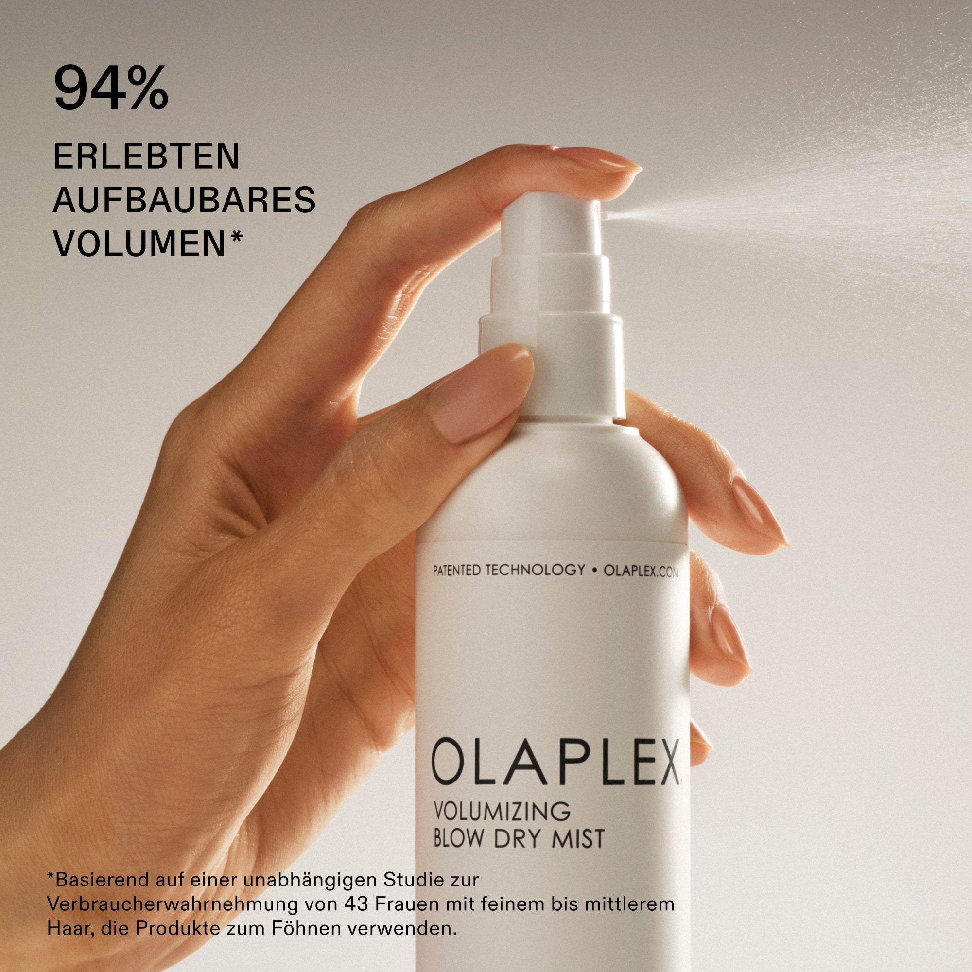 Olaplex Volumizing Blow Dry Mist – Herstellergrafik: 94 % erlebten aufbaubares Volumen (Verbraucherstudie, 43 Frauen)
