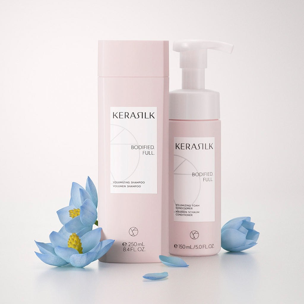 Kerasilk Volumen Shampoo mit Faltschachtel und blauen Lotusblüten