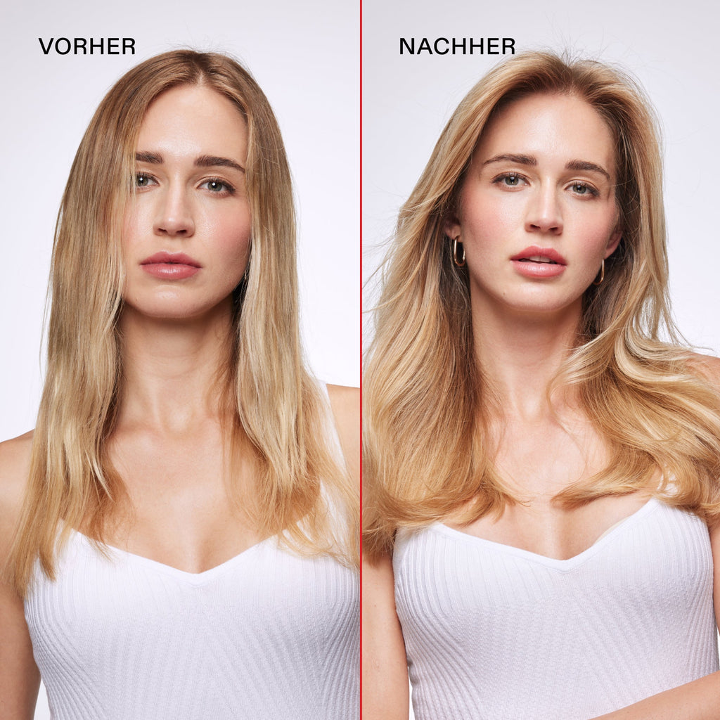 Olaplex Volumizing Blow Dry Mist – Vorher-Nachher-Bild, blondes Haar mit mehr Volumen (Herstellerfoto)