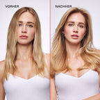 Olaplex Volumizing Blow Dry Mist – Vorher-Nachher-Bild, blondes Haar mit mehr Volumen (Herstellerfoto)