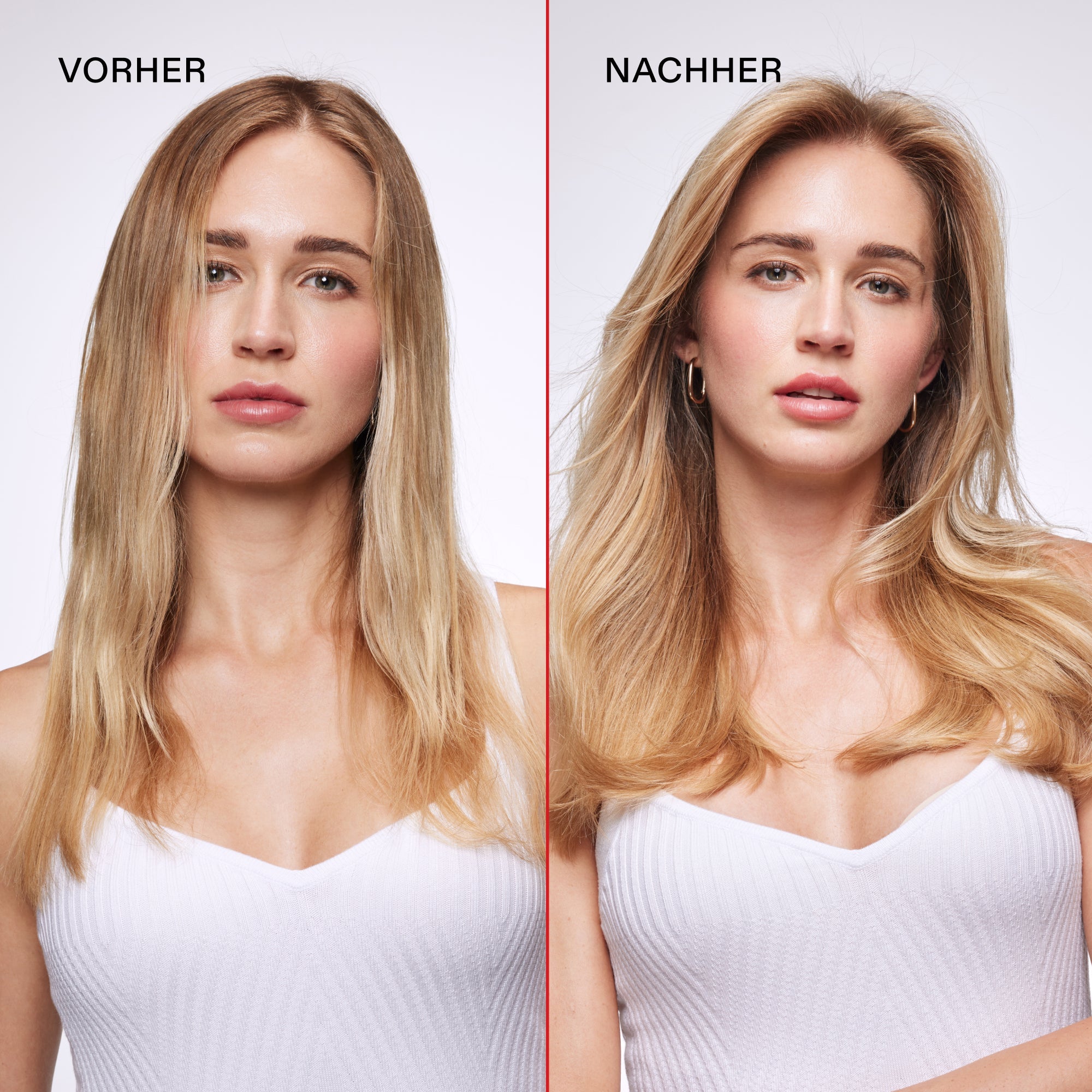 Olaplex Volumizing Blow Dry Mist – Vorher-Nachher-Bild, blondes Haar mit mehr Volumen (Herstellerfoto)
