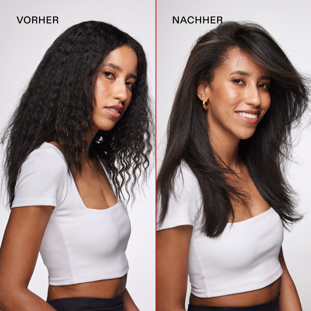 Olaplex Volumizing Blow Dry Mist – Vorher-Nachher-Bild, lockiges Haar mit mehr Fülle (Herstellerfoto)