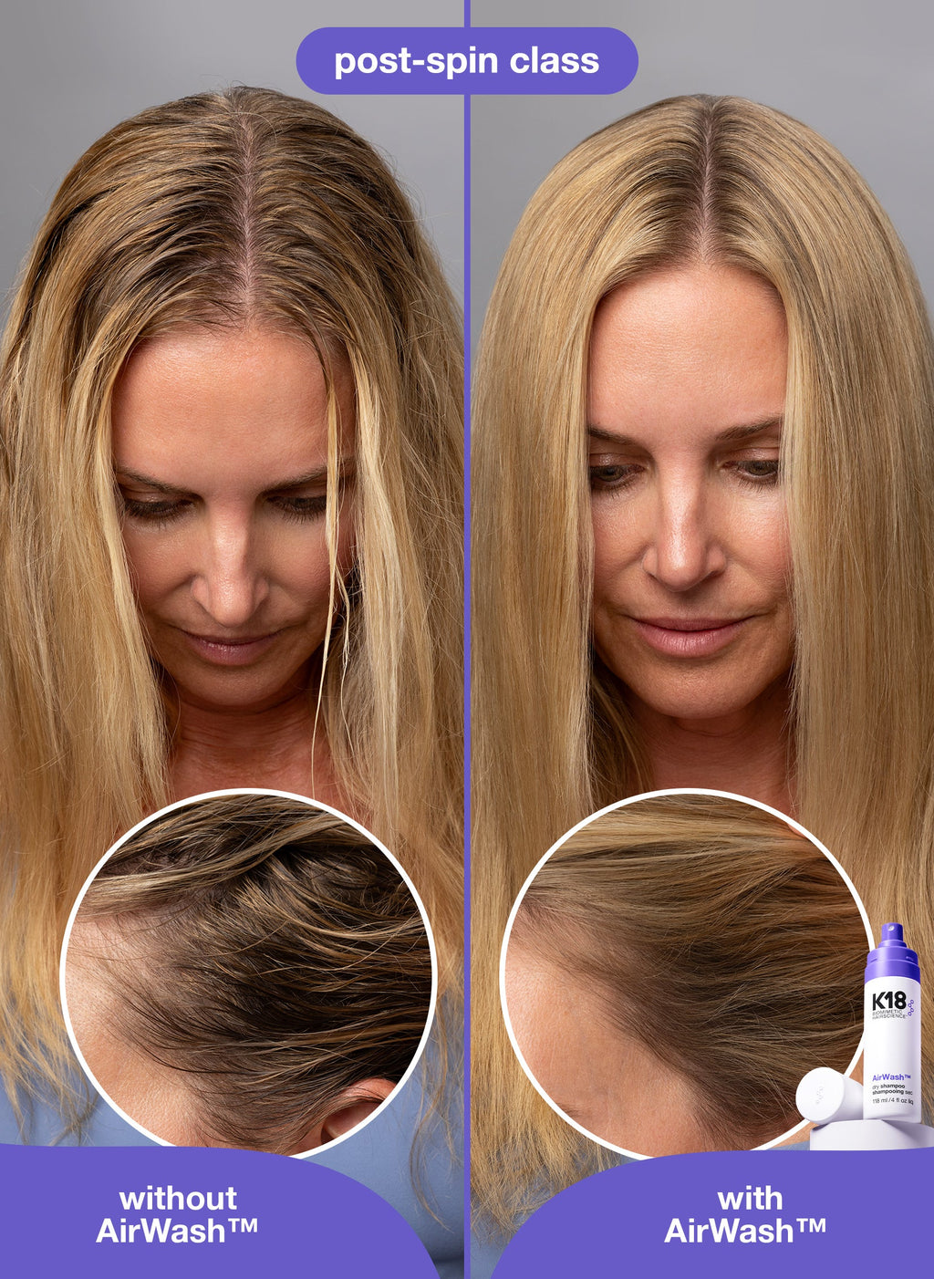 Vorher-Nachher: blonder Ansatz ohne und mit K18 AirWash Trockenshampoo