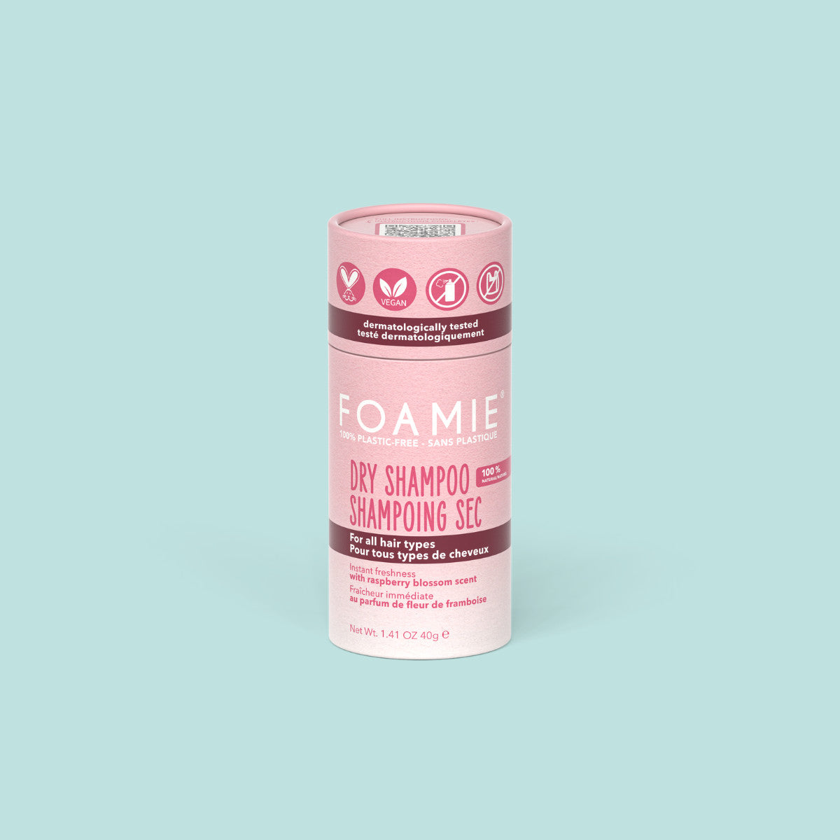 Foamie Trockenshampoo Berry Fresh 40 g – rosa Papphülse, Vorderseite