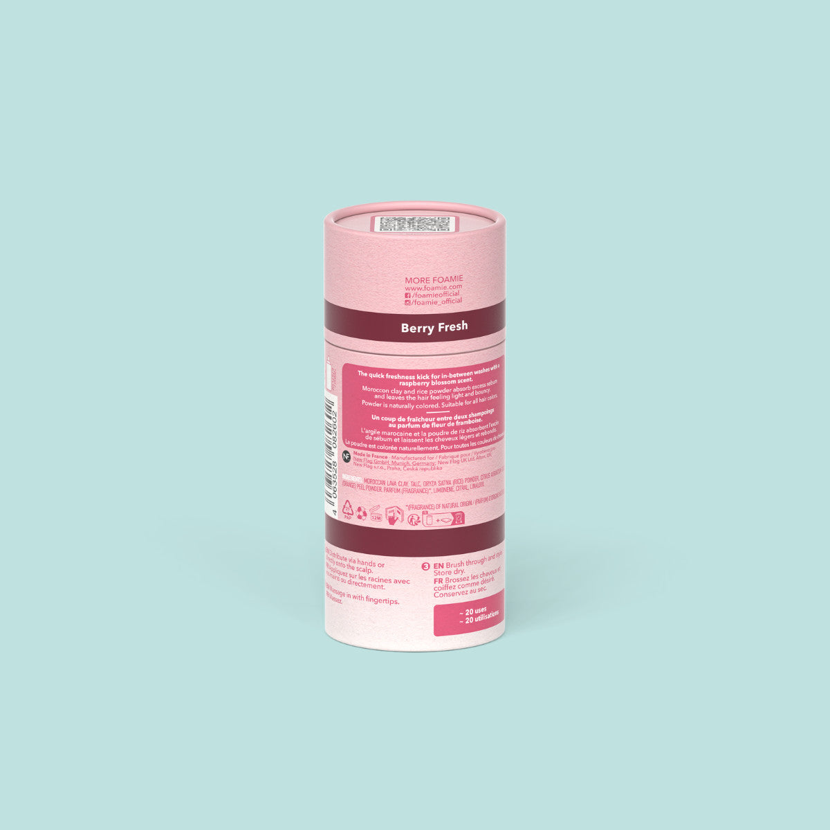Foamie Trockenshampoo Berry Fresh – Rückseite der Hülse mit Produktangaben