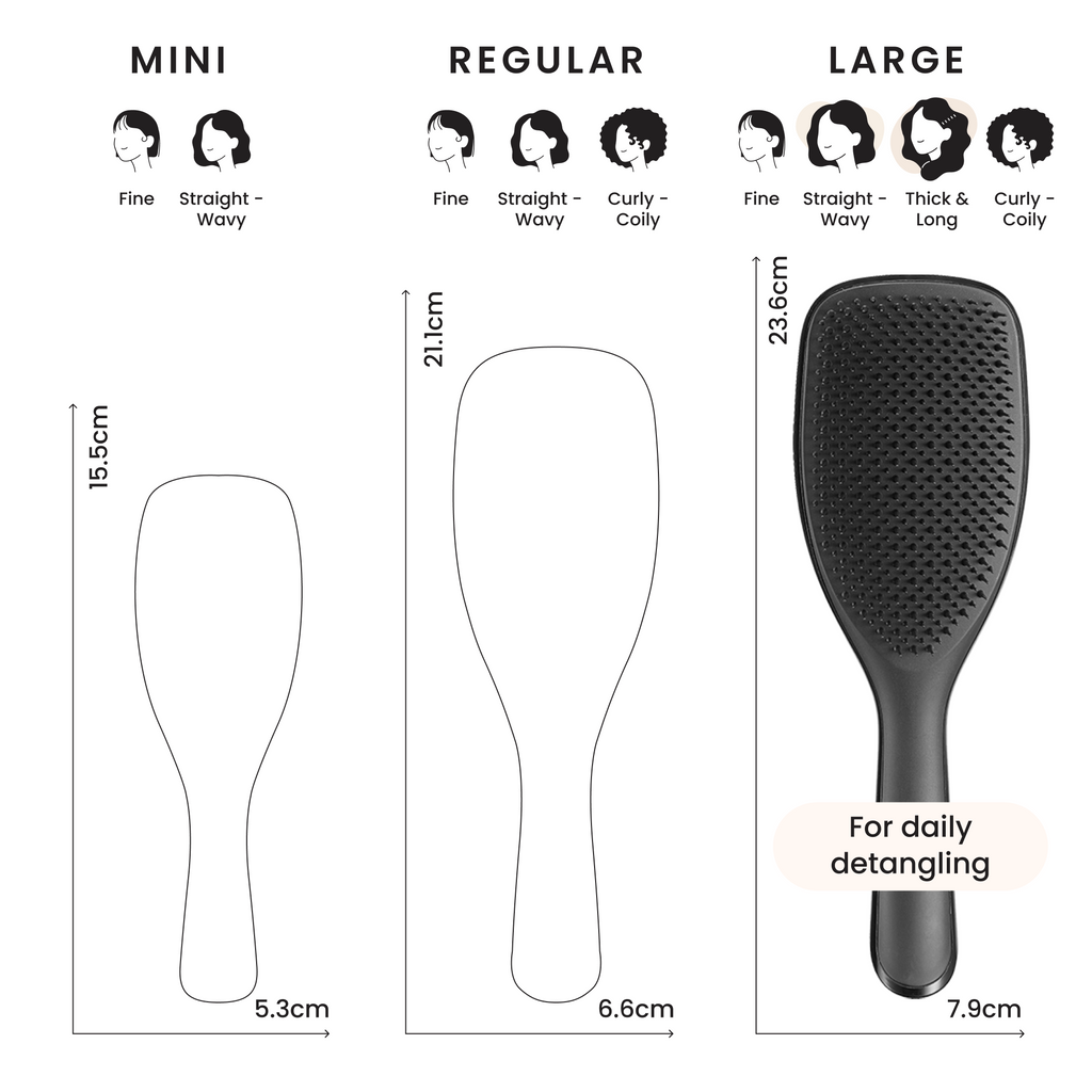 Größenvergleich Tangle Teezer Mini, Regular und Large in Zentimetern