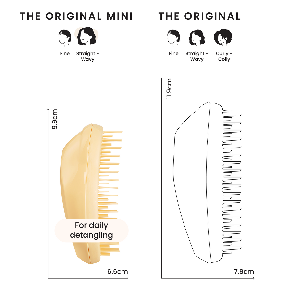 Größenvergleich Tangle Teezer Original Mini und Original in Zentimetern