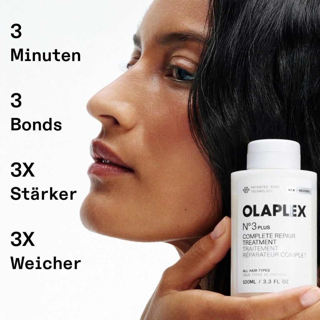 Olaplex No.3PLUS – Herstellergrafik: 3 Minuten, 3 Bindungsarten, 3× stärker, 3× weicher