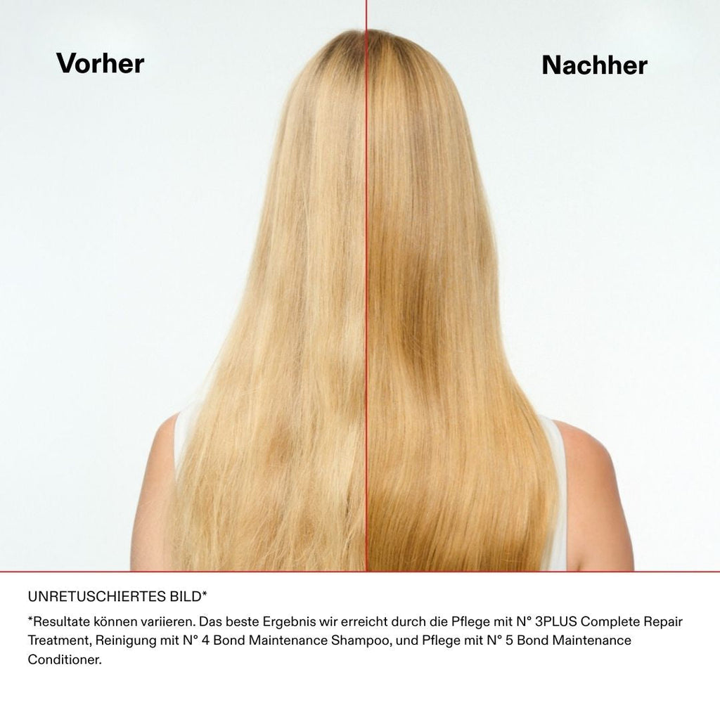 Olaplex No.3PLUS – Vorher-Nachher-Bild, blondiertes Haar, unretuschiert (Herstellerfoto)