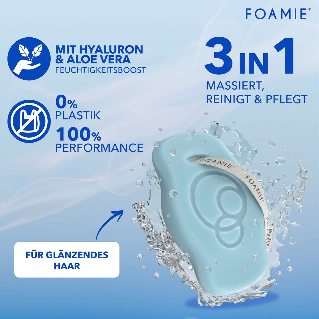 Foamie Festes Shampoo Hydro – 3 in 1: massiert, reinigt und pflegt, 100 Prozent plastikfrei