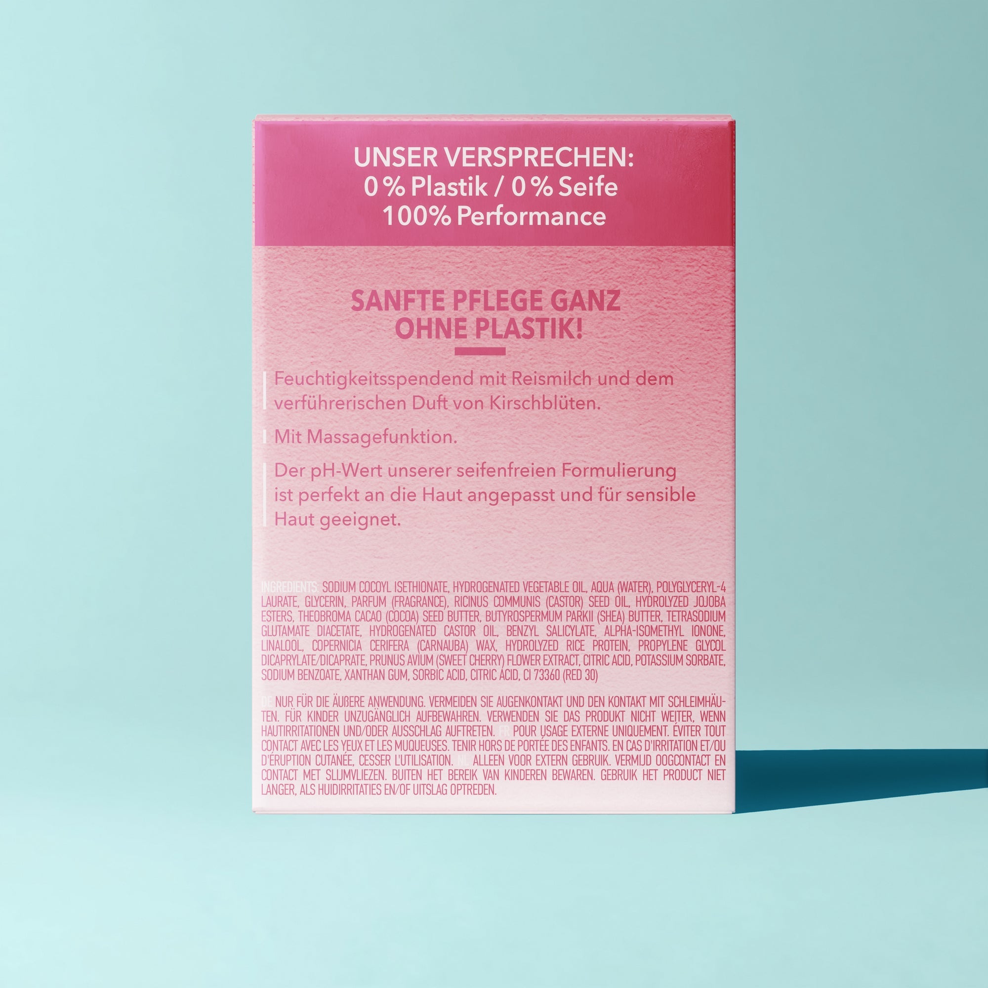 Foamie Feste Duschpflege Cherry Kiss – Rückseite der Verpackung mit Produktangaben