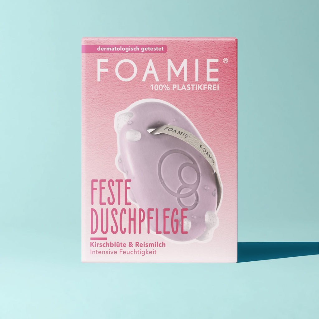 Foamie Feste Duschpflege Cherry Kiss – rosa Verpackung, Vorderseite