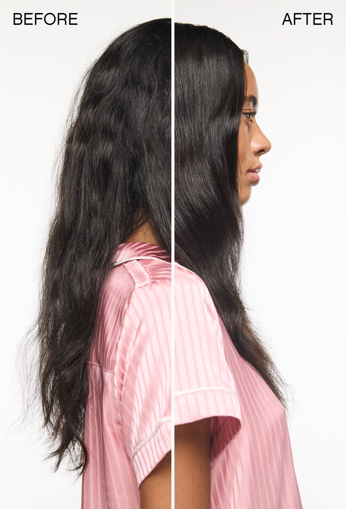 Langes dunkles Haar vor und nach der Anwendung von Kevin Murphy Night Shift