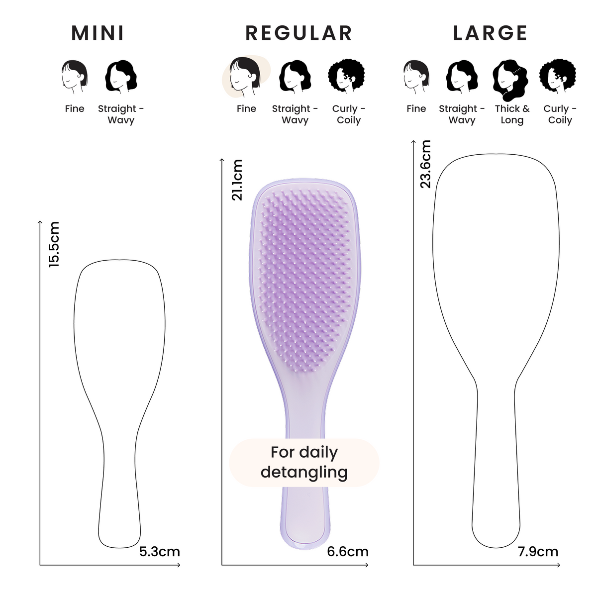 Größenvergleich der Tangle Teezer Bürsten in Zentimetern