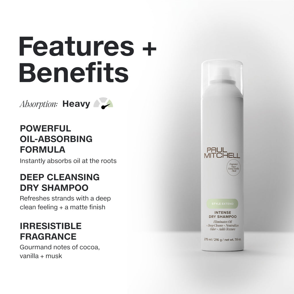 Paul Mitchell Intense Dry Shampoo – Vorteile: starke Ölabsorption, tiefenreines Gefühl, mattes Finish, Duft nach Kakao, Vanille und Moschus