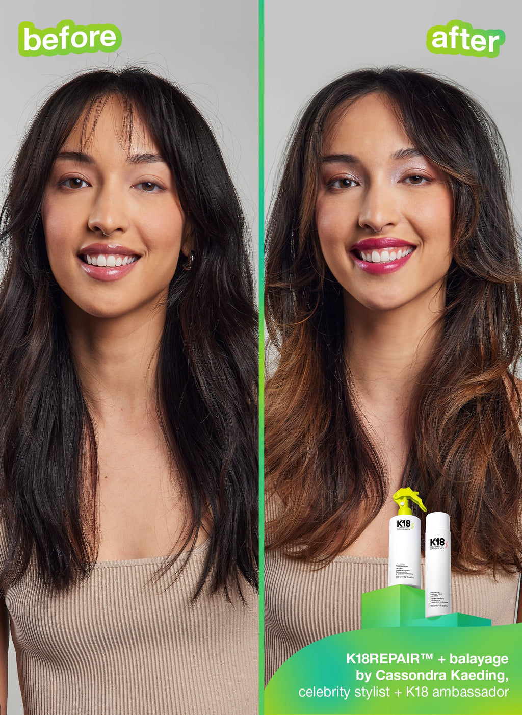 Vorher-Nachher: Balayage mit K18 Mist und Maske