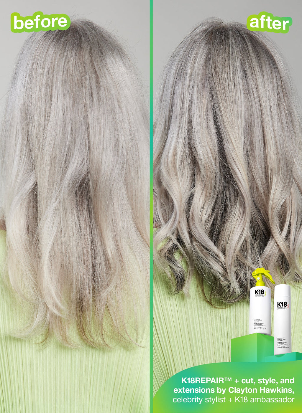 Vorher-Nachher: Haarschnitt mit K18 Mist und Maske
