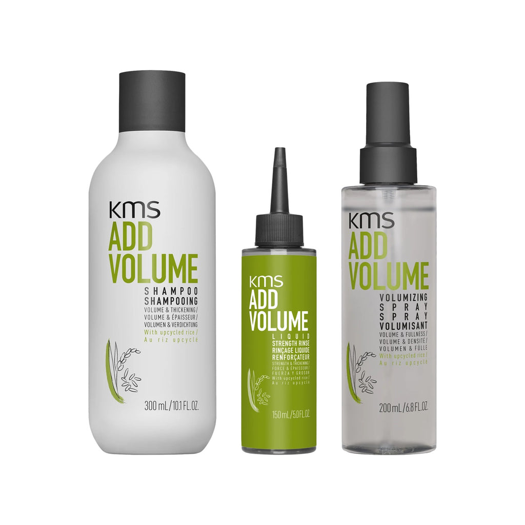 KMS Addvolume Set: Shampoo 300 ml, Liquid Strength Rinse 150 ml und Volumizing Spray 200 ml nebeneinander