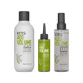 KMS Addvolume Set: Shampoo 300 ml, Liquid Strength Rinse 150 ml und Volumizing Spray 200 ml nebeneinander