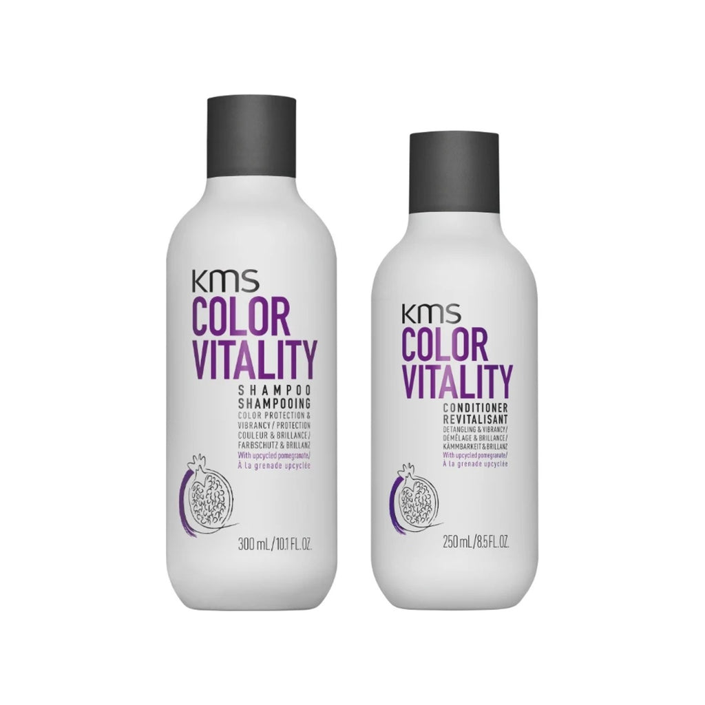 KMS Colorvitality Set: Shampoo 300 ml und Conditioner 250 ml nebeneinander