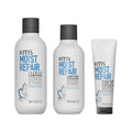 KMS Moistrepair Set: Shampoo 300 ml, Conditioner 250 ml und Revival Creme 125 ml nebeneinander