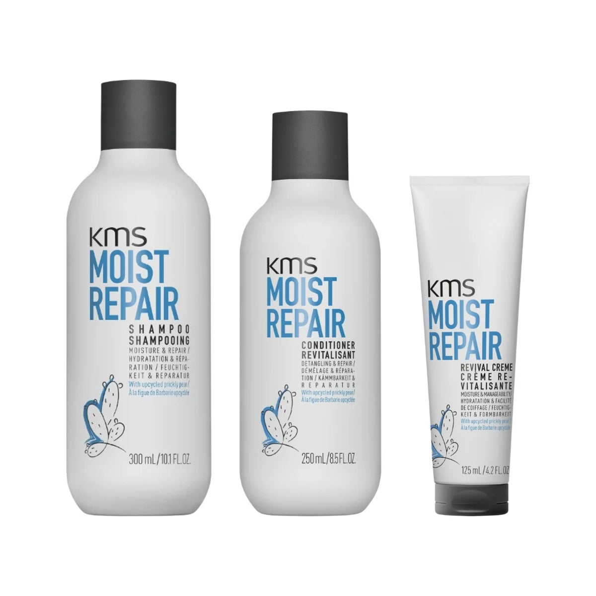 KMS Moistrepair Set: Shampoo 300 ml, Conditioner 250 ml und Revival Creme 125 ml nebeneinander