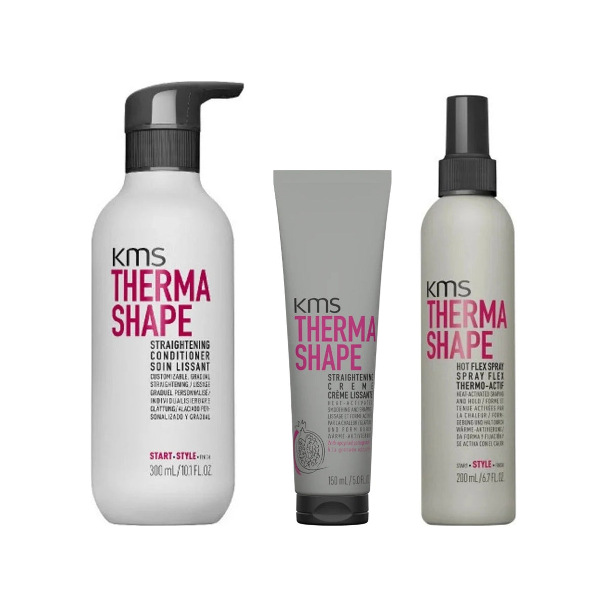 KMS Thermashape Set: Straightening Conditioner 300 ml, Straightening Creme 150 ml und Hot Flex Spray 200 ml nebeneinander