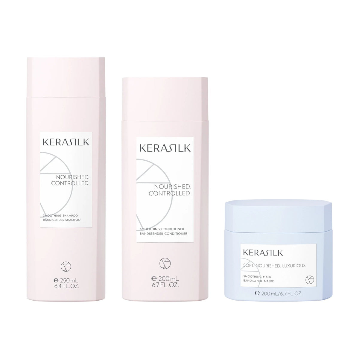 Kerasilk Bändigendes Set: Shampoo 250 ml, Conditioner 200 ml und Maske 200 ml nebeneinander