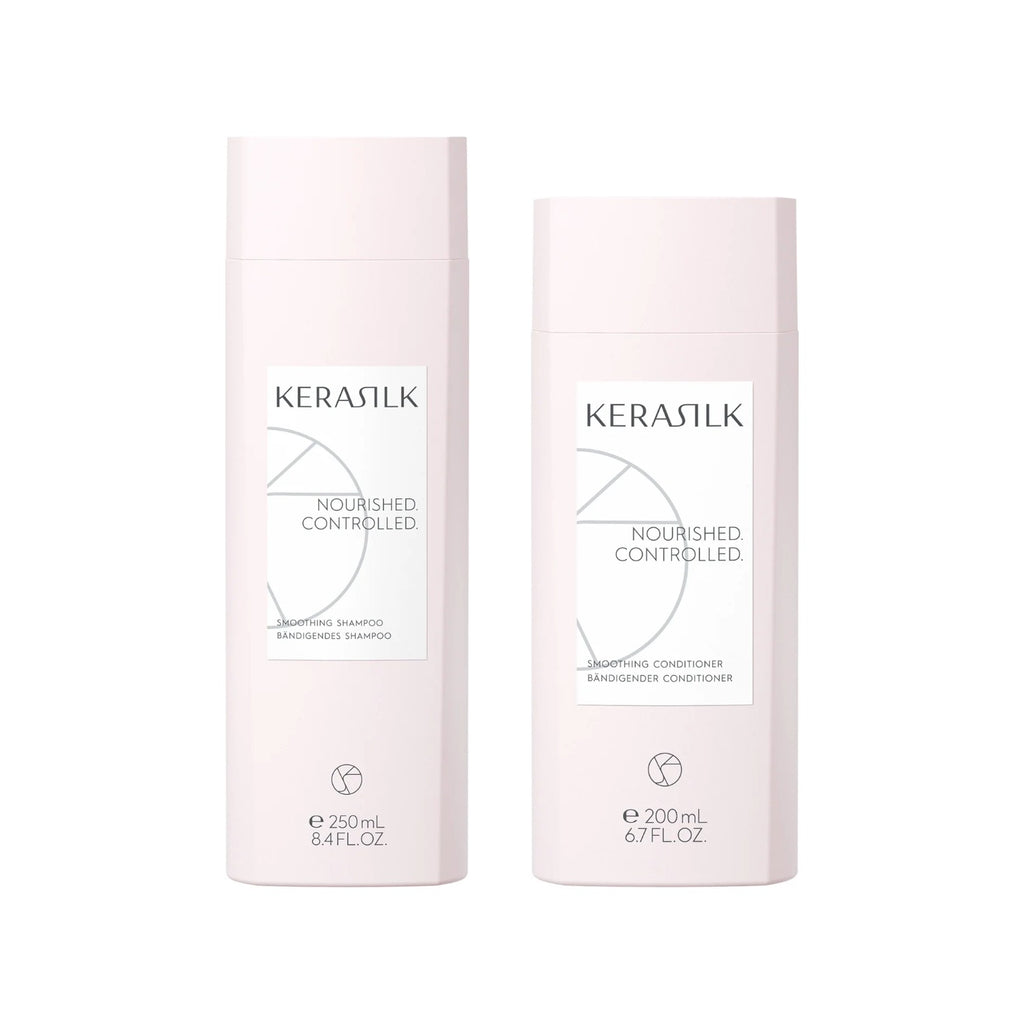 Kerasilk Bändigendes Set: Shampoo 250 ml und Conditioner 200 ml nebeneinander