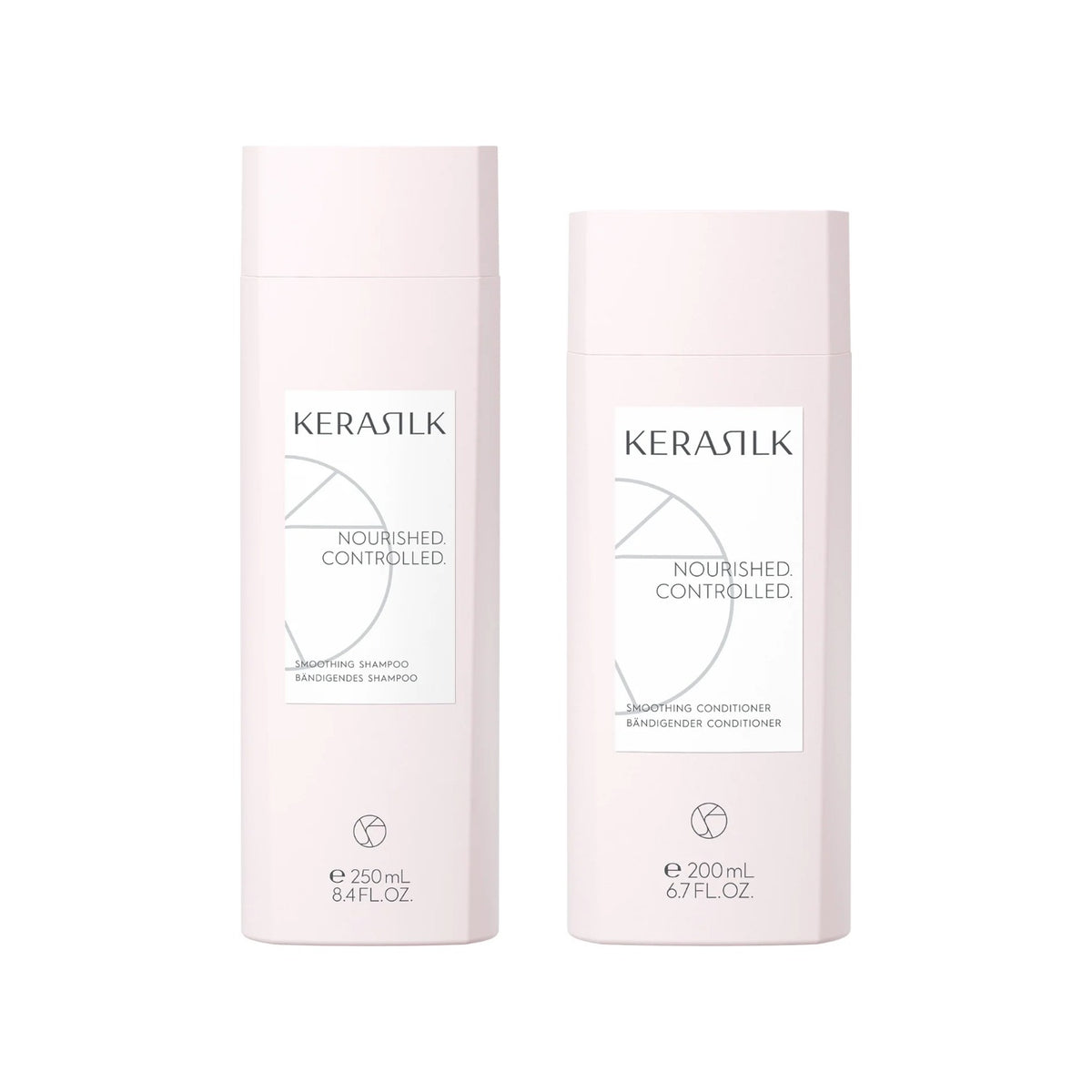 Kerasilk Bändigendes Set: Shampoo 250 ml und Conditioner 200 ml nebeneinander