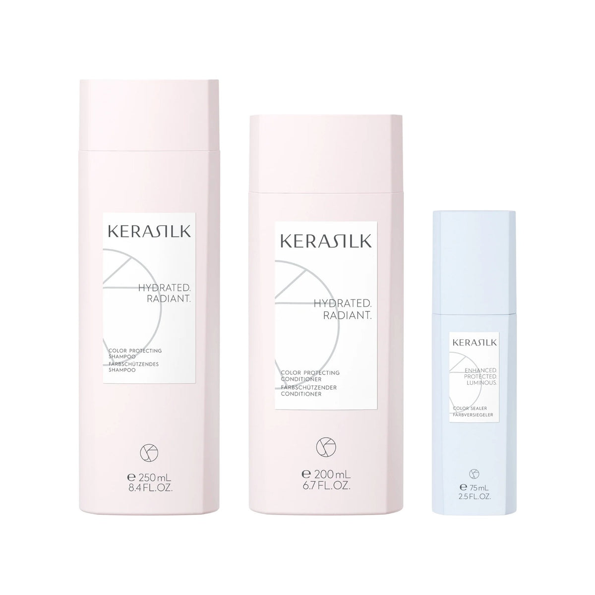 Kerasilk Farbschutz Set: Shampoo 250 ml, Conditioner 200 ml und Farbversiegeler 75 ml nebeneinander