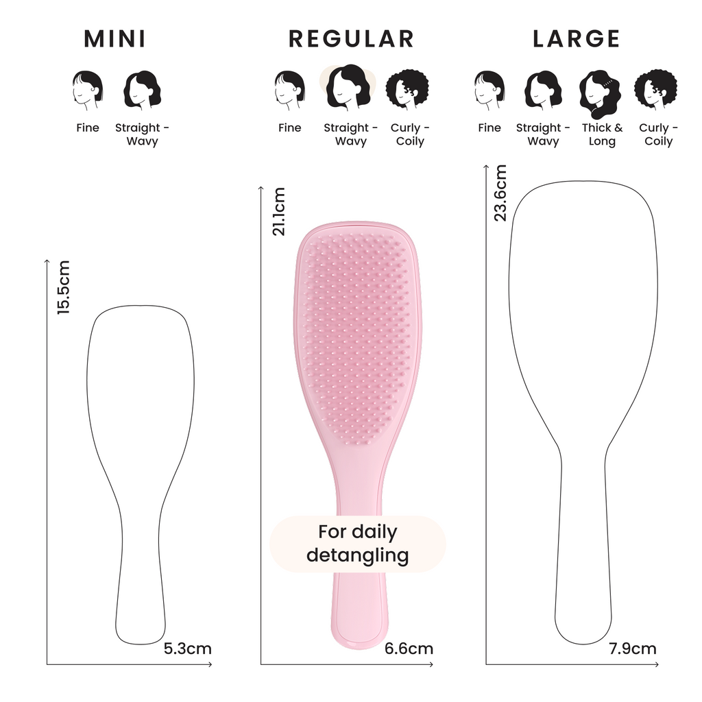 Größenvergleich Tangle Teezer Ultimate Detangler Mini, Regular und Large in Zentimetern