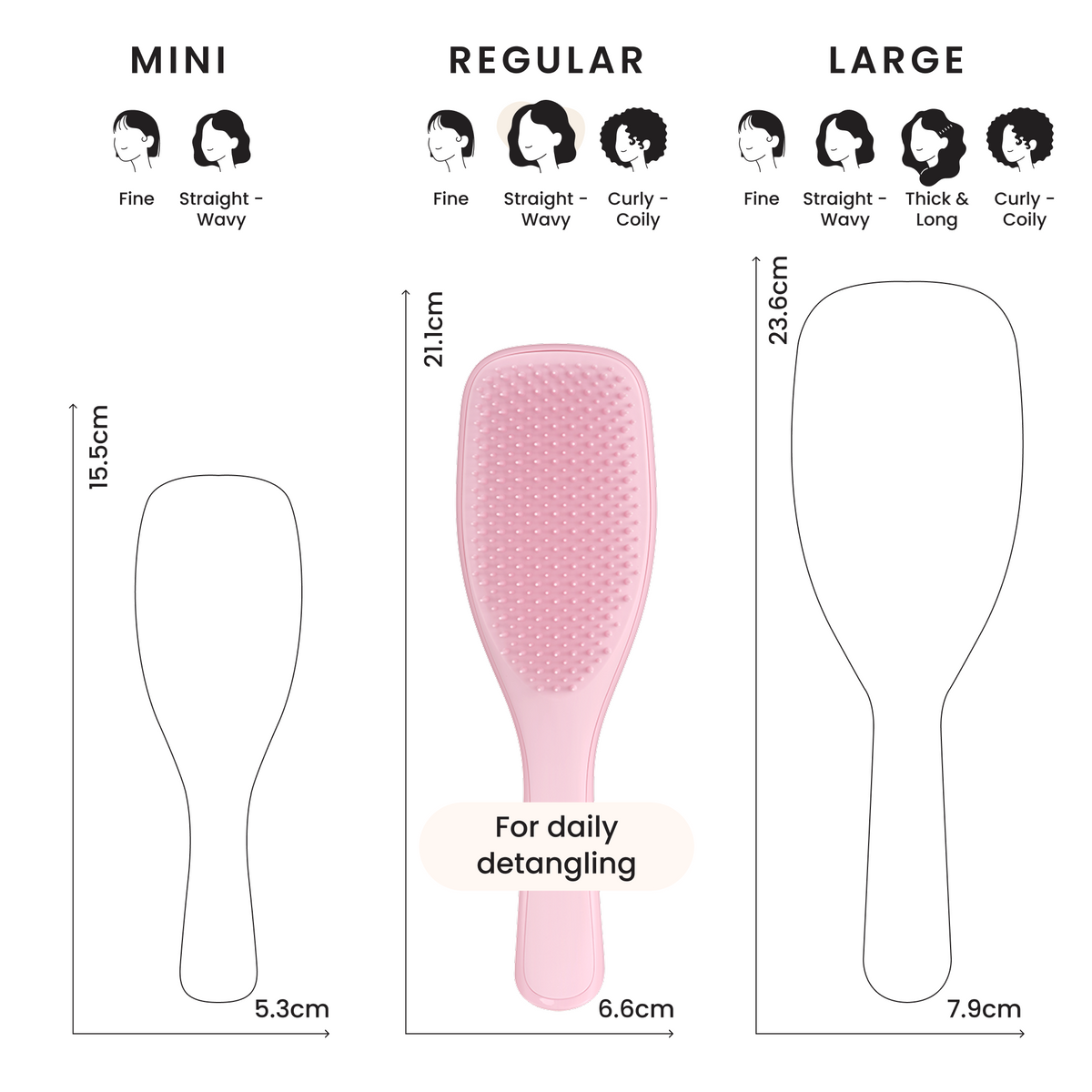Größenvergleich Tangle Teezer Ultimate Detangler Mini, Regular und Large in Zentimetern