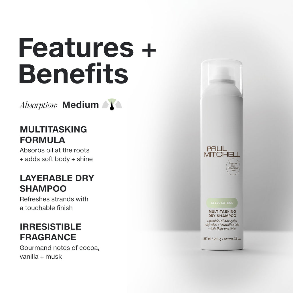 Paul Mitchell Multitasking Dry Shampoo – Vorteile: schichtbare Formel, absorbiert Öl, weiche Fülle, Duft nach Kakao, Vanille und Moschus