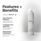 Paul Mitchell Multitasking Dry Shampoo – Vorteile: schichtbare Formel, absorbiert Öl, weiche Fülle, Duft nach Kakao, Vanille und Moschus