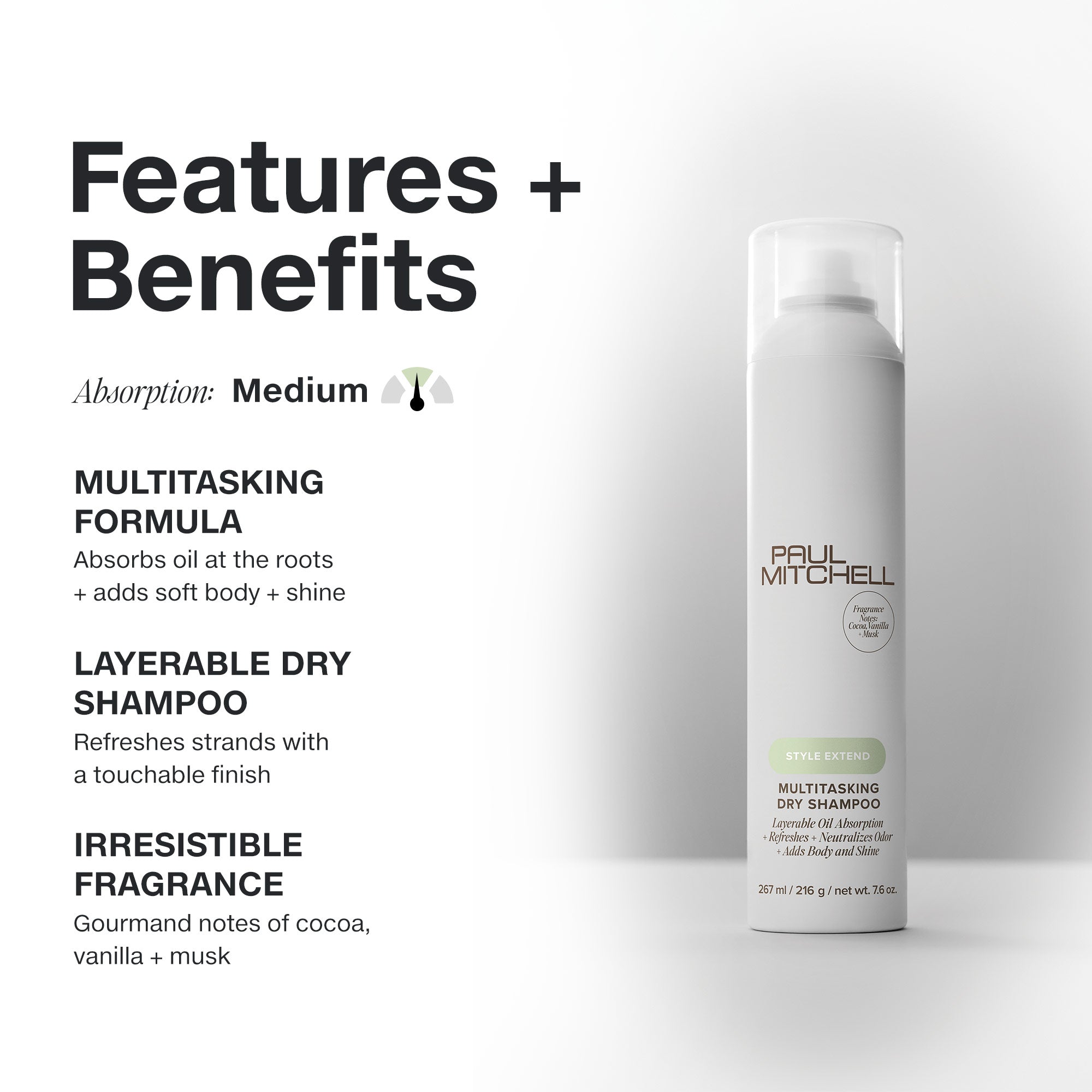 Paul Mitchell Multitasking Dry Shampoo – Vorteile: schichtbare Formel, absorbiert Öl, weiche Fülle, Duft nach Kakao, Vanille und Moschus