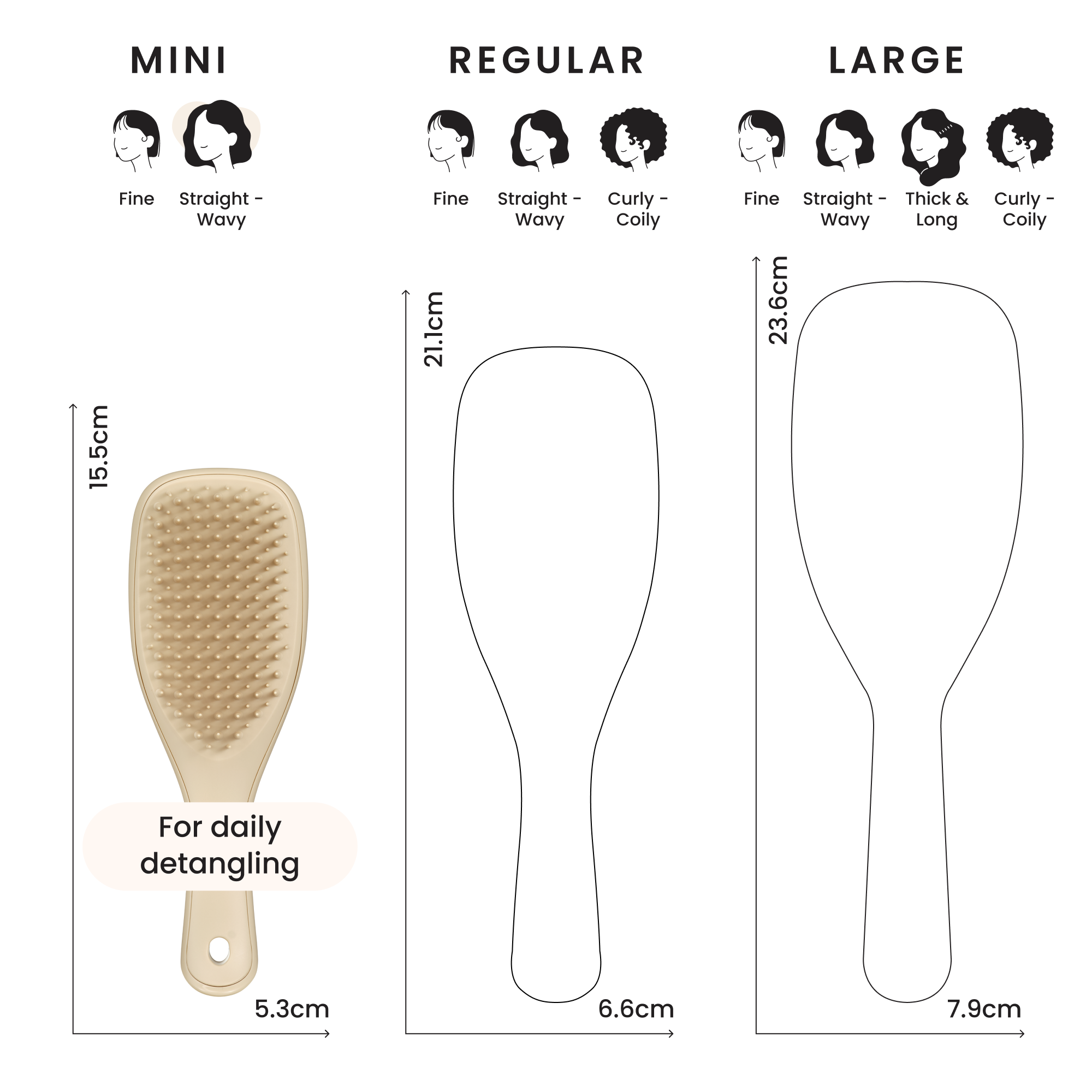 Größenvergleich Tangle Teezer Mini, Regular und Large in Zentimetern