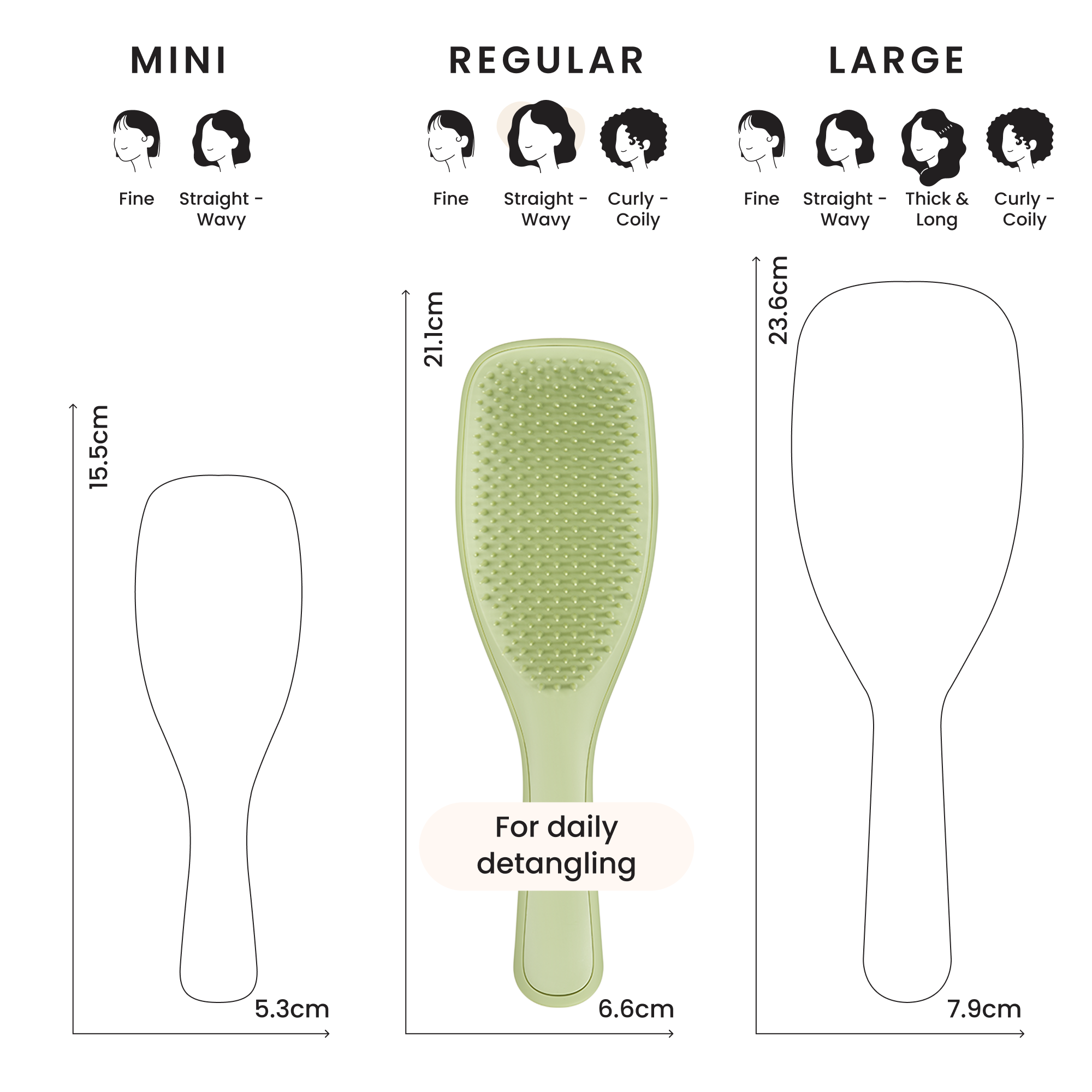 Größenvergleich der Tangle Teezer Bürsten in Zentimetern