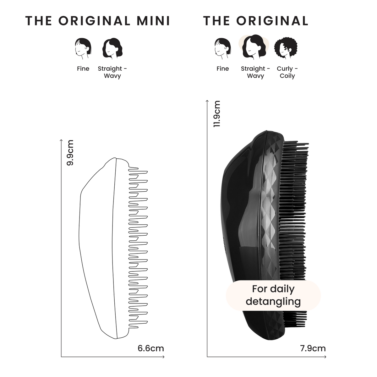 Größenvergleich Tangle Teezer Original und Original Mini in Zentimetern