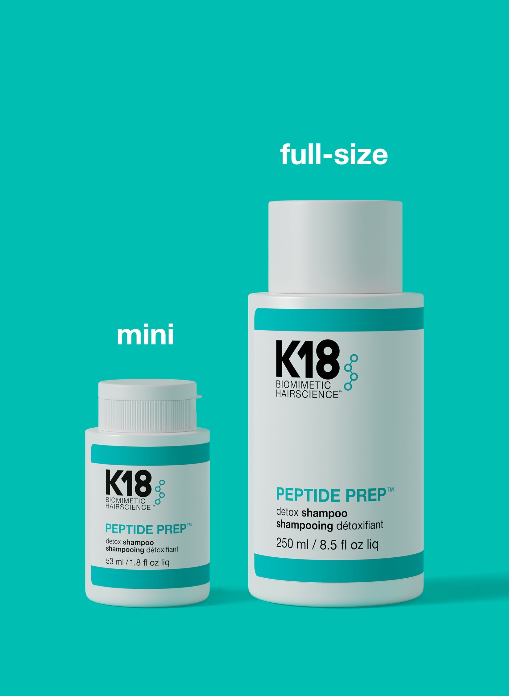 K18 Detox Shampoo Größenvergleich Mini und 250 ml