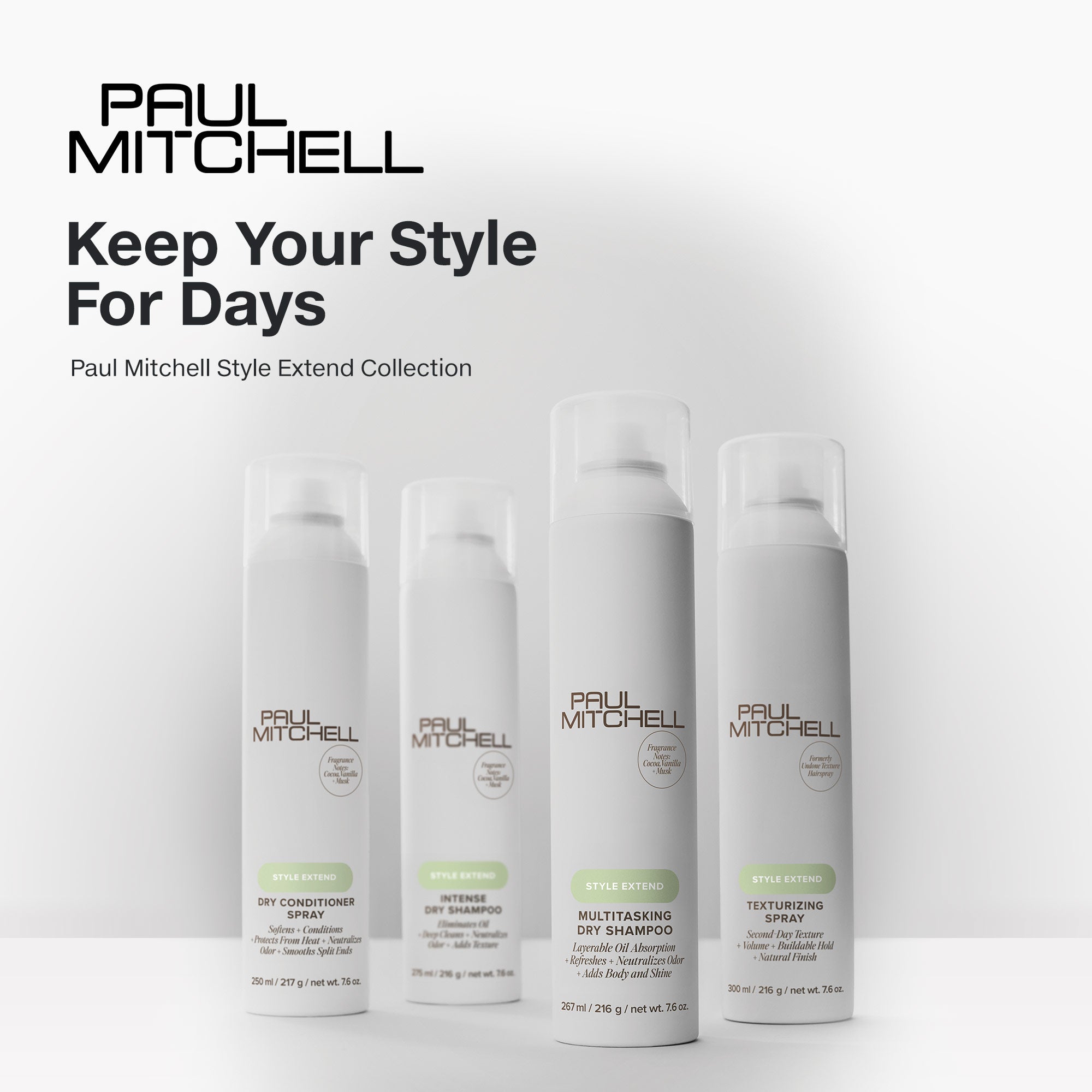 Paul Mitchell Style Extend Linie – Multitasking Dry Shampoo, Intense Dry Shampoo, Dry Conditioner Spray und Texturizing Spray