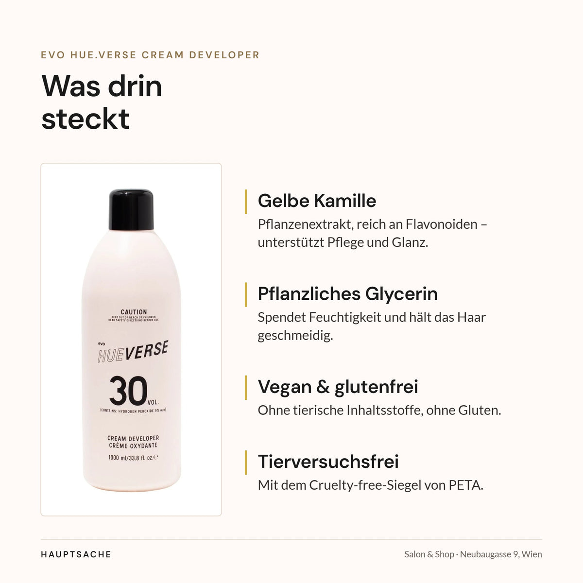 evo Hue.Verse Cream Developer – Inhaltsstoffe: gelbe Kamille, pflanzliches Glycerin, vegan
