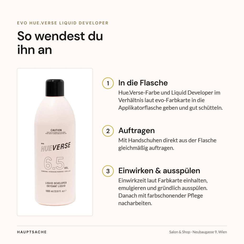 evo Hue.Verse Liquid Developer – Anwendung in 3 Schritten mit der Applikatorflasche