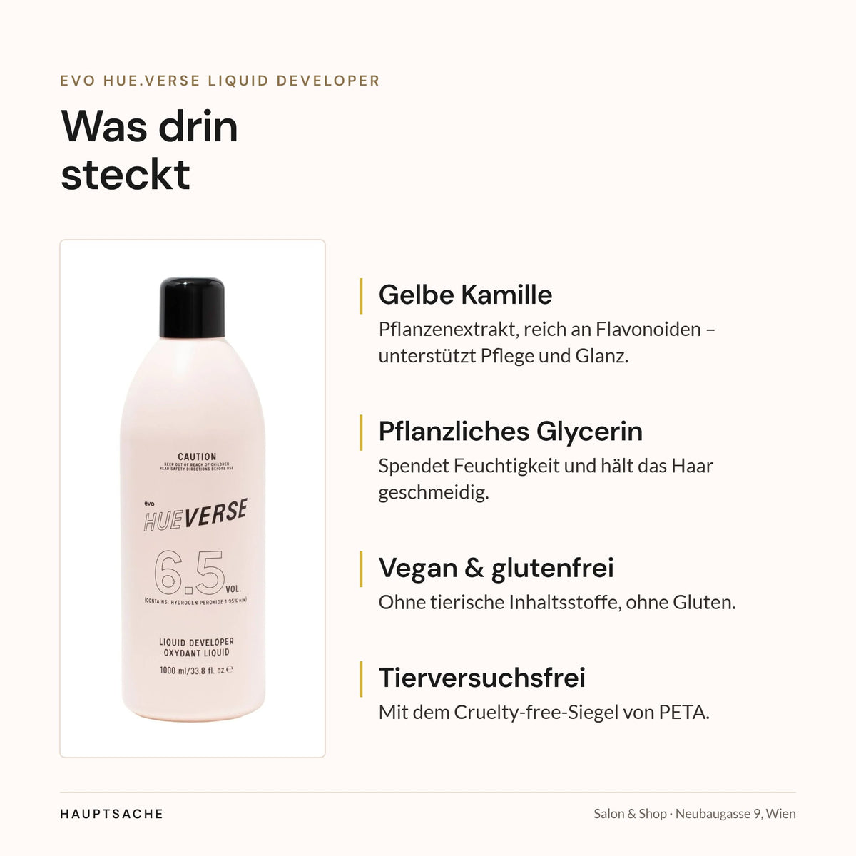 evo Hue.Verse Liquid Developer – Inhaltsstoffe: gelbe Kamille, pflanzliches Glycerin, vegan