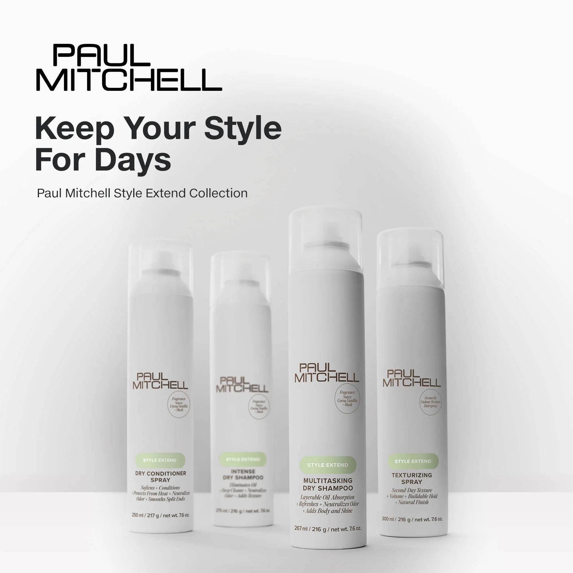 Paul Mitchell Style Extend Linie – Texturizing Spray, Multitasking Dry Shampoo, Intense Dry Shampoo und Dry Conditioner Spray